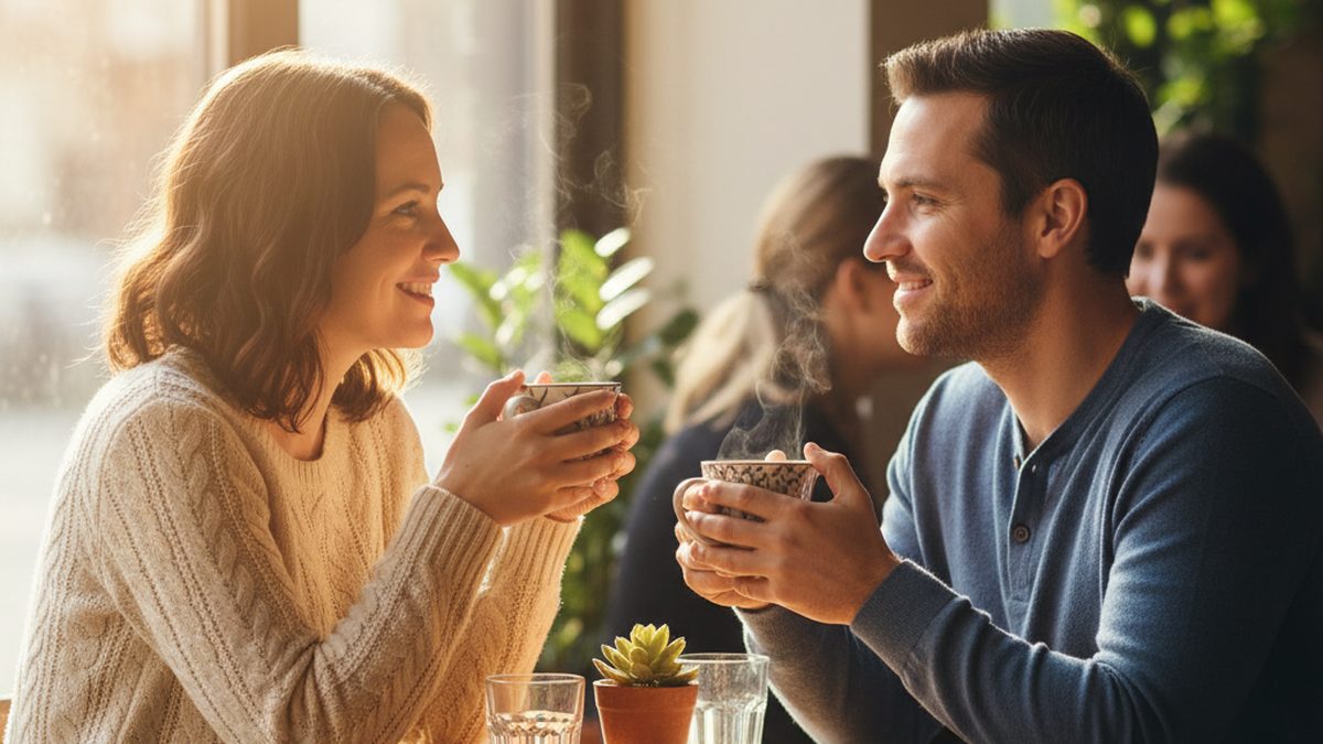 Couple sharing coffee at a sunlit cafe table, representing connection and trust in sober dating