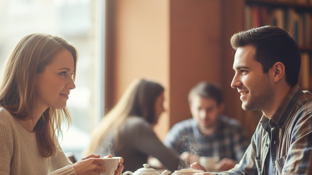 Two people sharing coffee at a cafe table, representing vulnerability and connection in early recovery dating