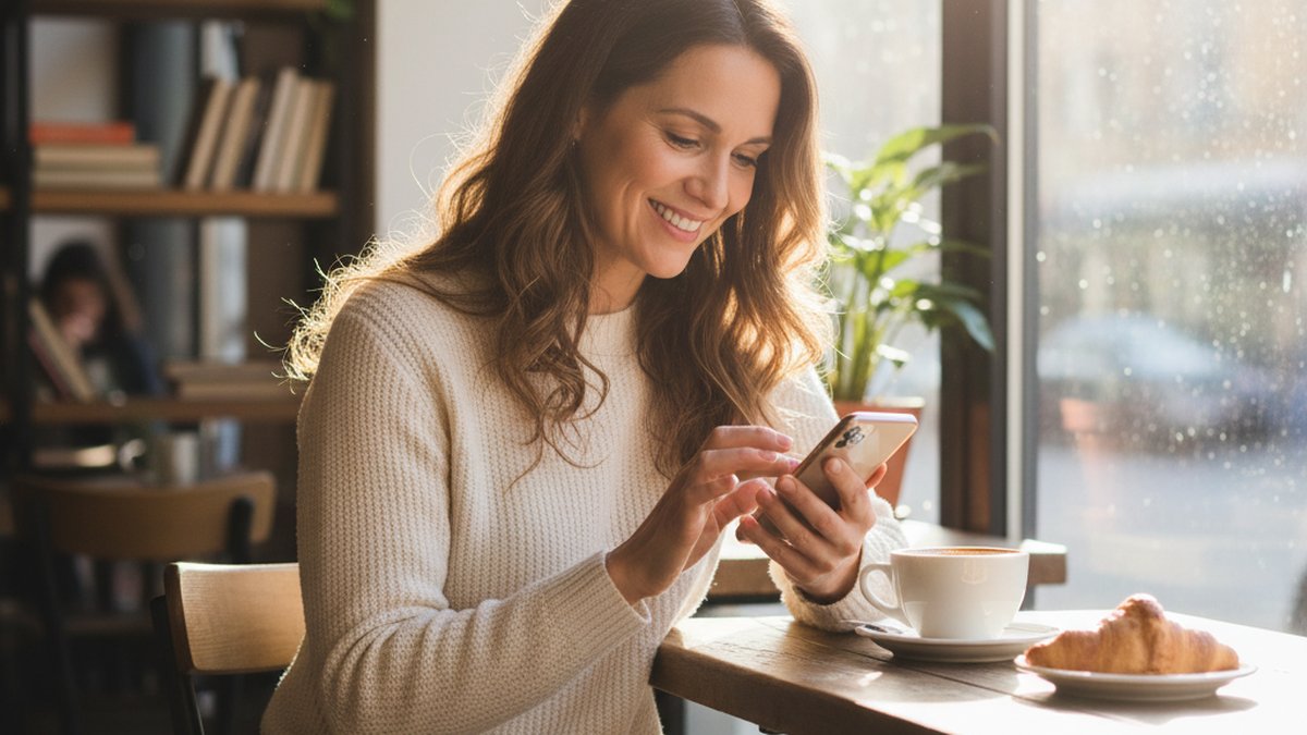 Woman at a cafe window smiling at her phone while writing a dating profile
