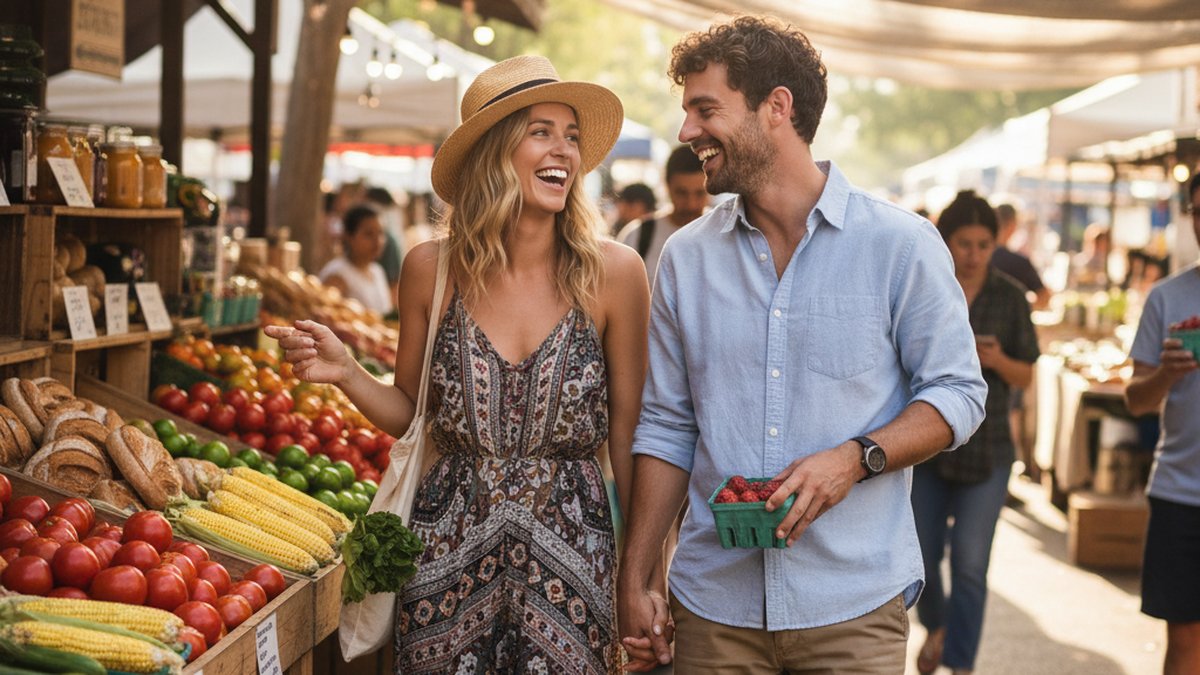 Couple walking through a sunny farmers market on a relaxed sober first date